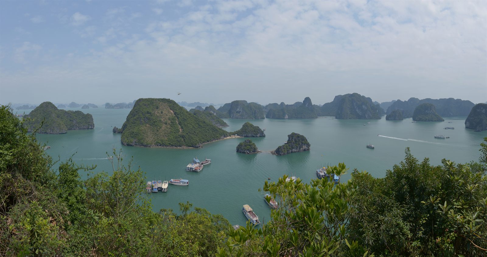Limestone islands rising from the water in Ha Long Bay, Vietnam