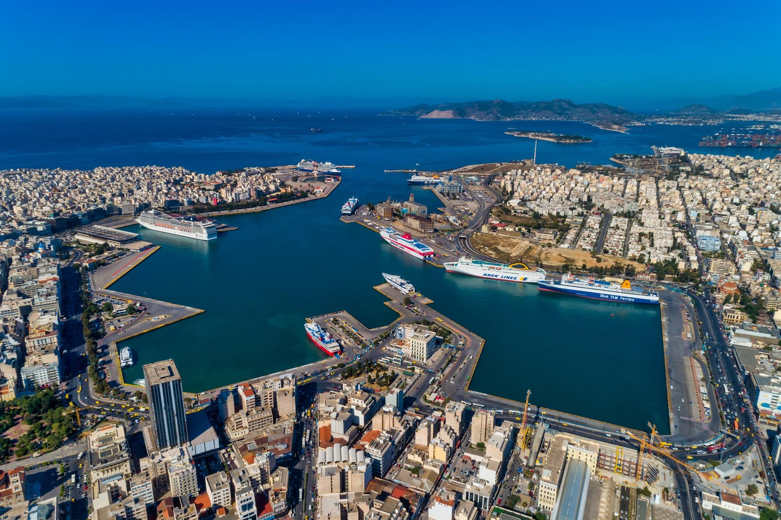 Aerial view of the port of Piraeus near Athens with ships at the piers