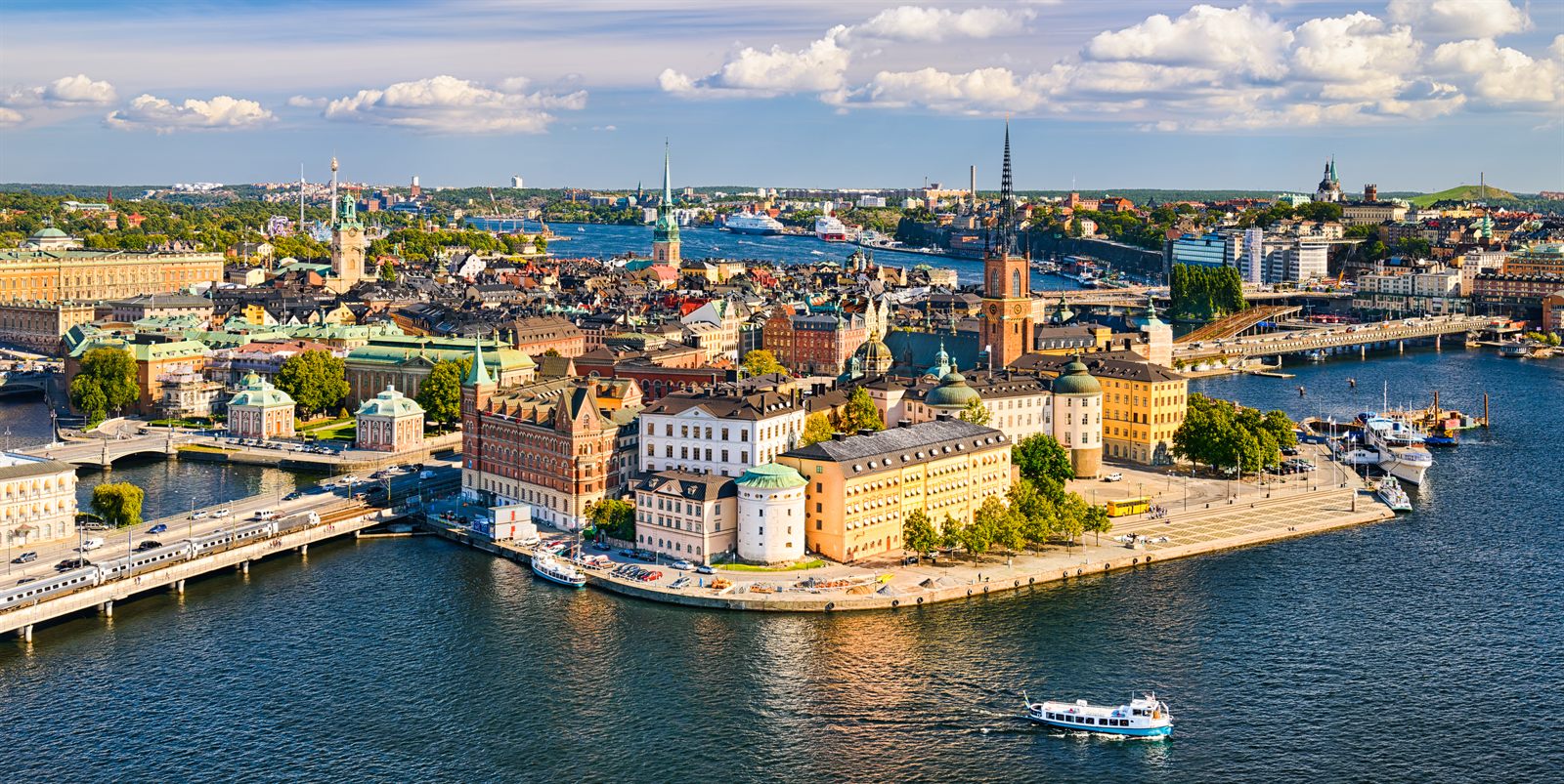 Old town of Stockholm on its island seen from above at sunset